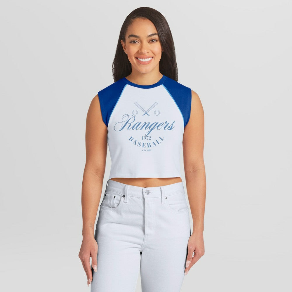 Texas Rangers WEAR by Erin Andrews Women's Cooperstown Cropped Raglan Tank Top - White