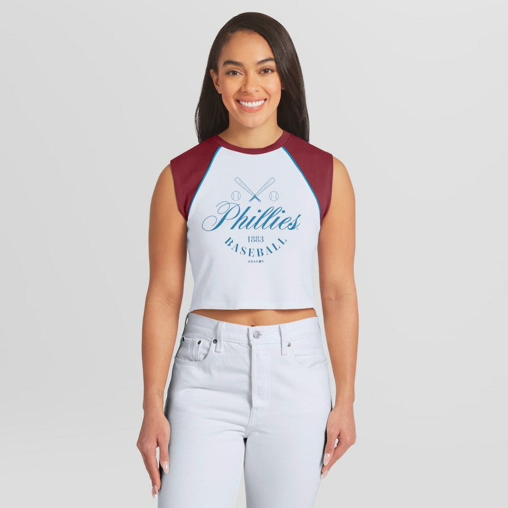 Philadelphia Phillies WEAR by Erin Andrews Women's Cooperstown Cropped Raglan Tank Top - White