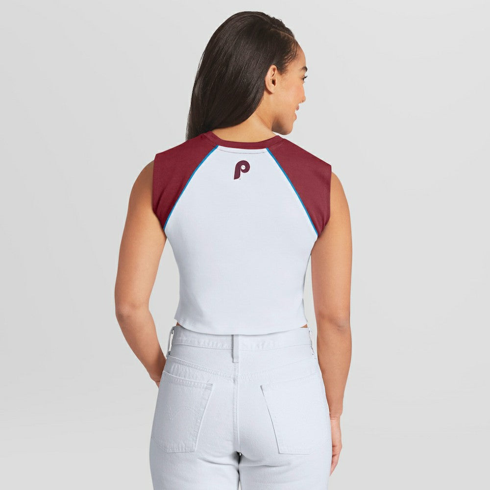 Philadelphia Phillies WEAR by Erin Andrews Women's Cooperstown Cropped Raglan Tank Top - White