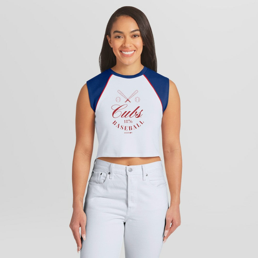 Chicago Cubs WEAR by Erin Andrews Women's Cooperstown Cropped Raglan Tank Top - White