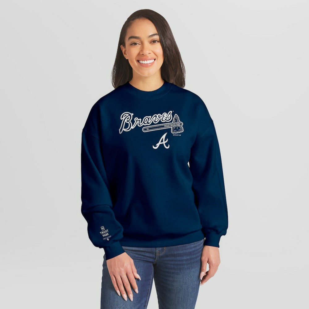 Atlanta Braves WEAR by Erin Andrews Women's Heavyweight Crew Neck Sweatshirt - Navy