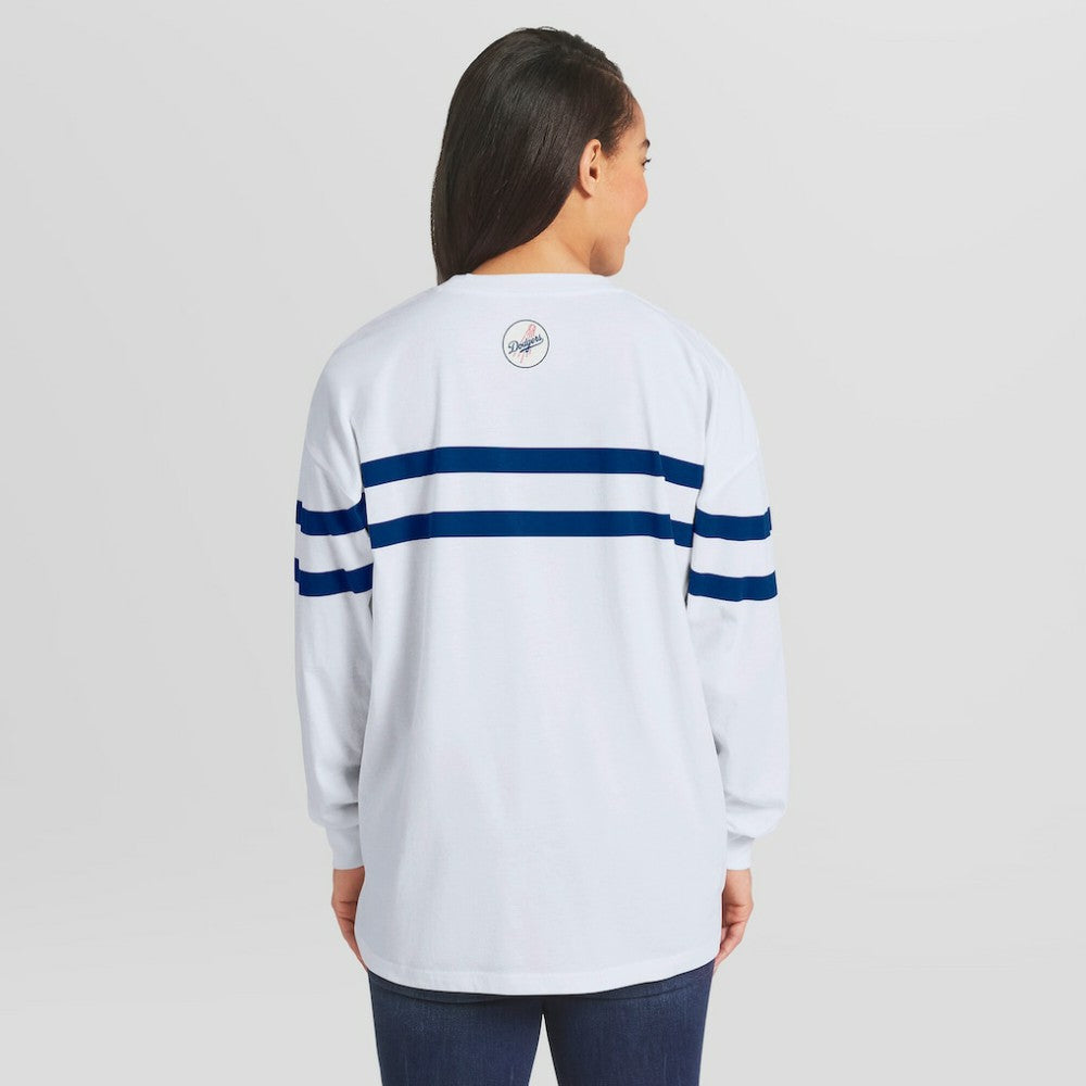 Los Angeles Dodgers WEAR by Erin Andrews Women's Oversized Long Sleeve Striped T-Shirt - White