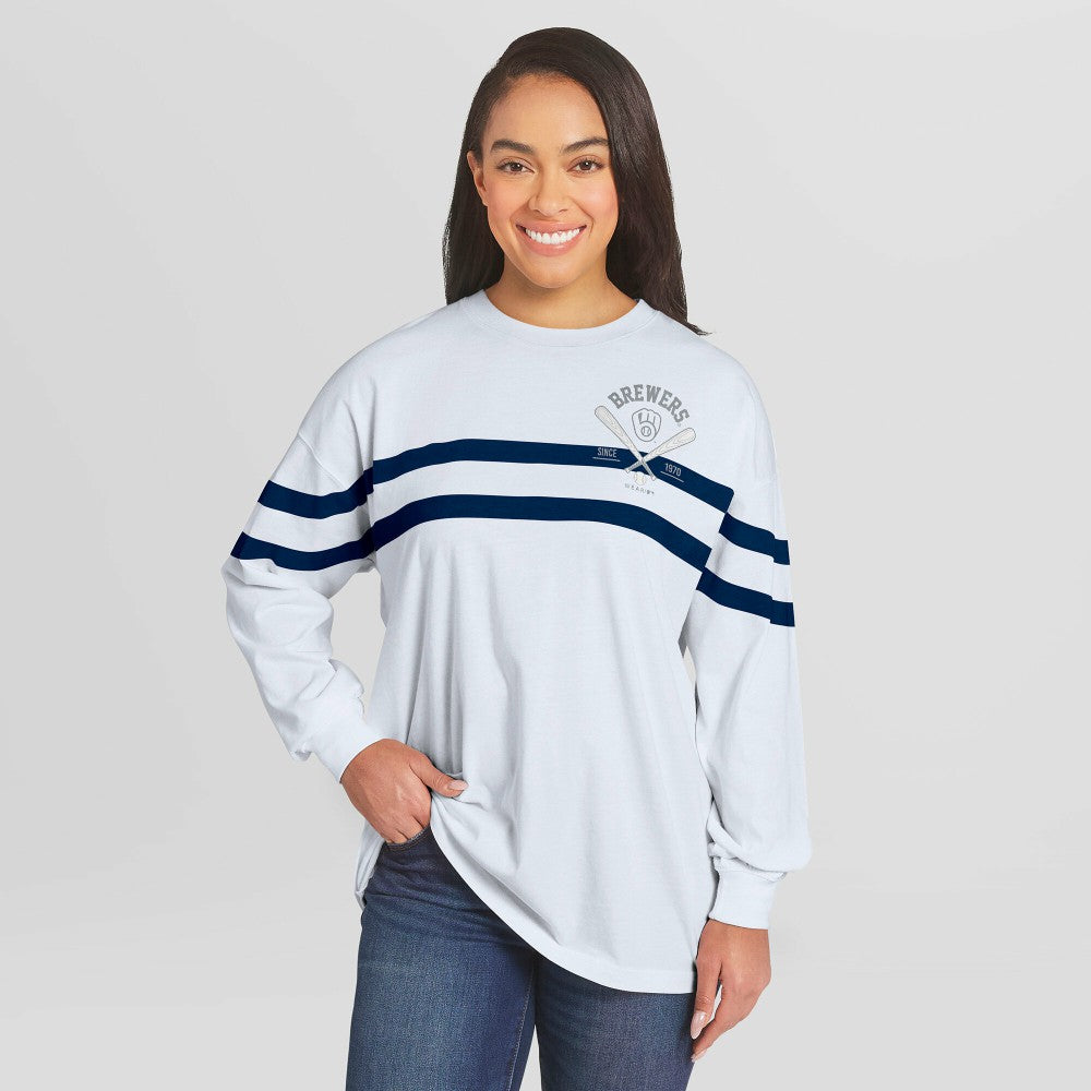 Milwaukee Brewers WEAR by Erin Andrews Women's Oversized Long Sleeve Striped T-Shirt - White