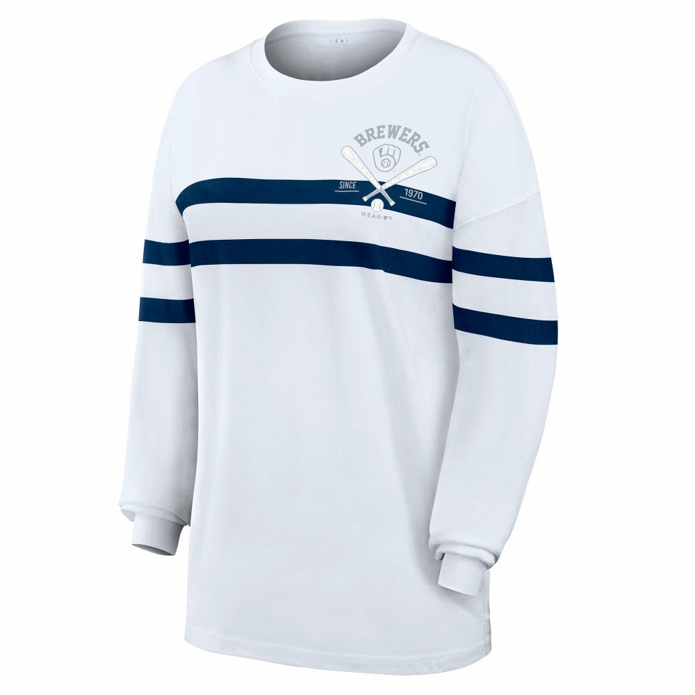 Milwaukee Brewers WEAR by Erin Andrews Women's Oversized Long Sleeve Striped T-Shirt - White