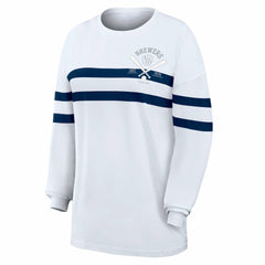 Milwaukee Brewers WEAR by Erin Andrews Women's Oversized Long Sleeve Striped T-Shirt - White