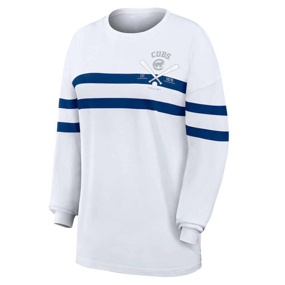 Chicago Cubs WEAR by Erin Andrews Women's Oversized Long Sleeve Striped T-Shirt - White