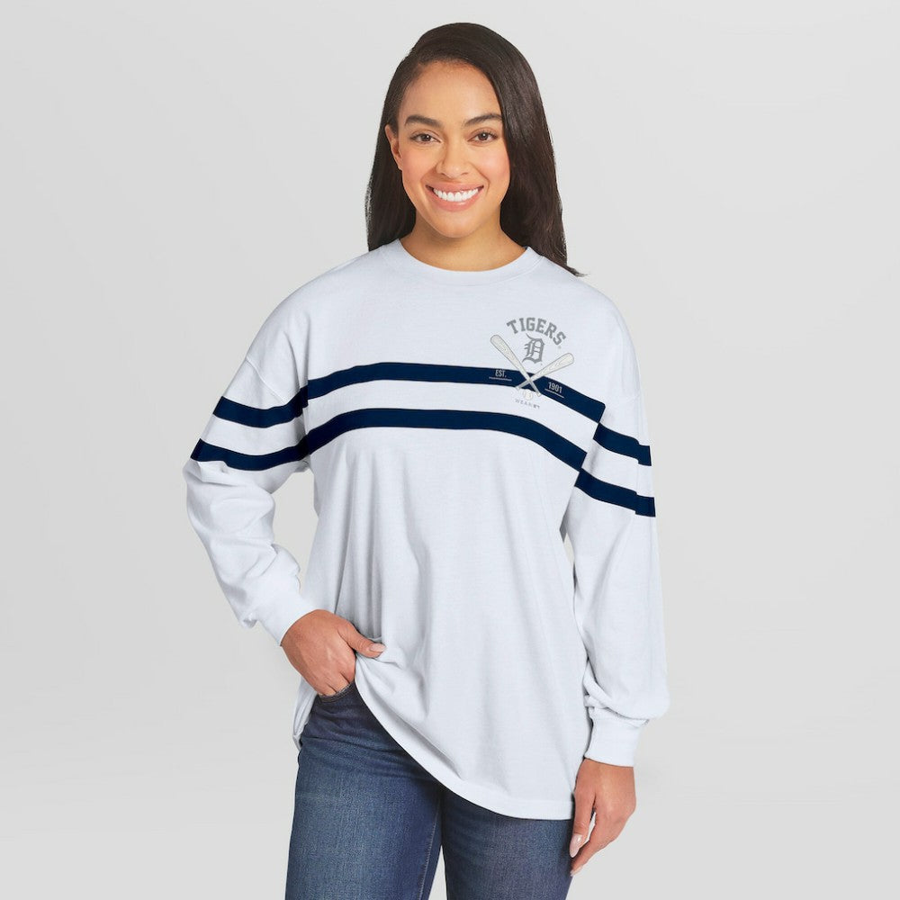 Detroit Tigers WEAR by Erin Andrews Women's Oversized Long Sleeve Striped T-Shirt - White