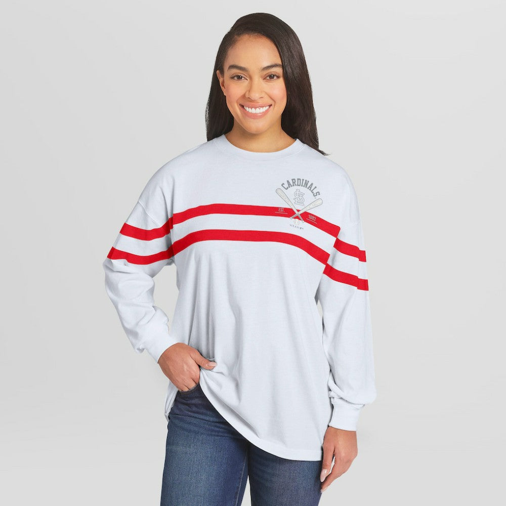 St. Louis Cardinals WEAR by Erin Andrews Women's Oversized Long Sleeve Striped T-Shirt - White