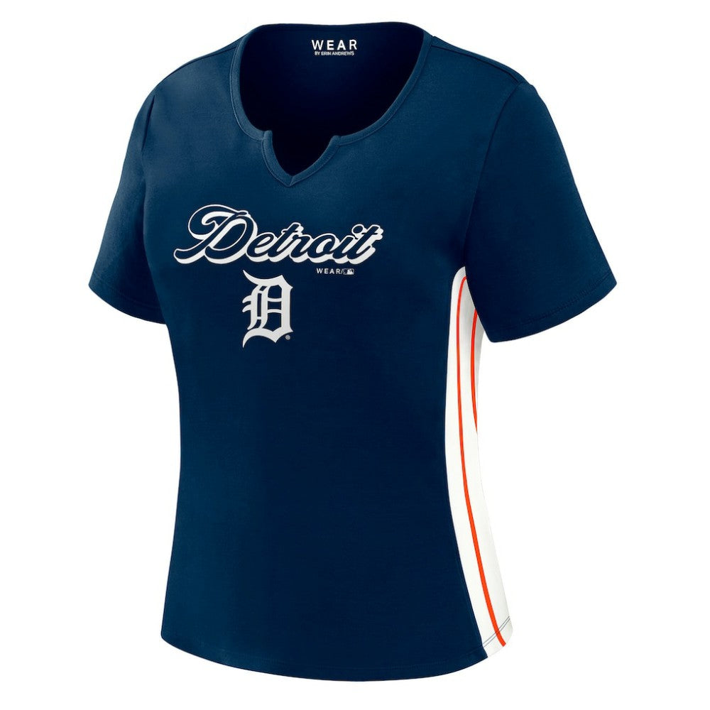 Detroit Tigers WEAR by Erin Andrews Women's Notch Neck Cropped T-Shirt - Navy