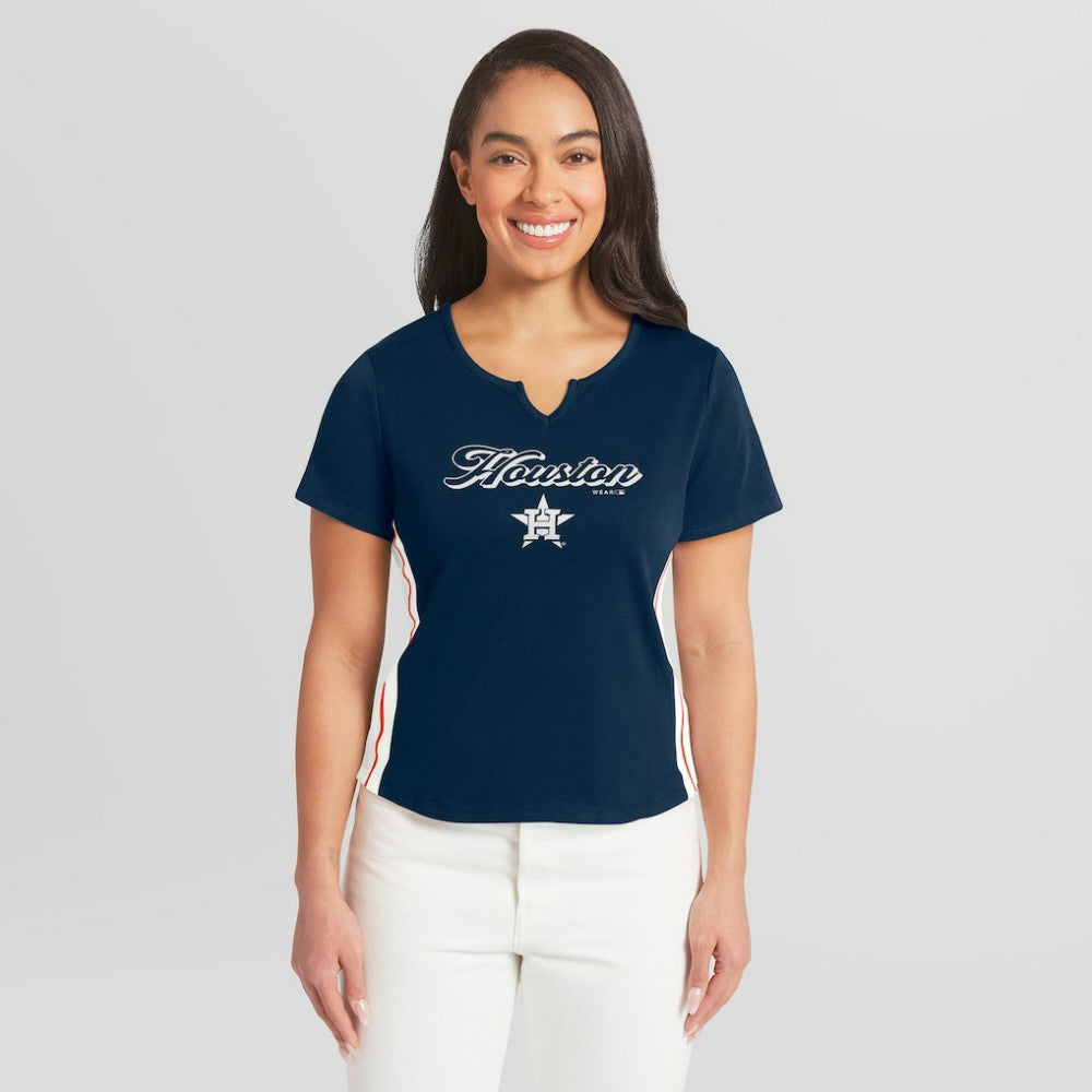 Houston Astros WEAR by Erin Andrews Women's Notch Neck Cropped T-Shirt - Navy
