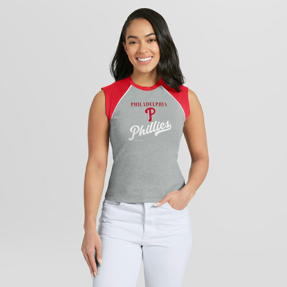 Philadelphia Phillies WEAR by Erin Andrews Women's Cropped Raglan Tank Top - Heather Gray