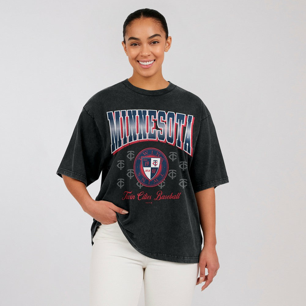 Minnesota Twins WEAR by Erin Andrews Women's Oversized Boyfriend T-Shirt - Black