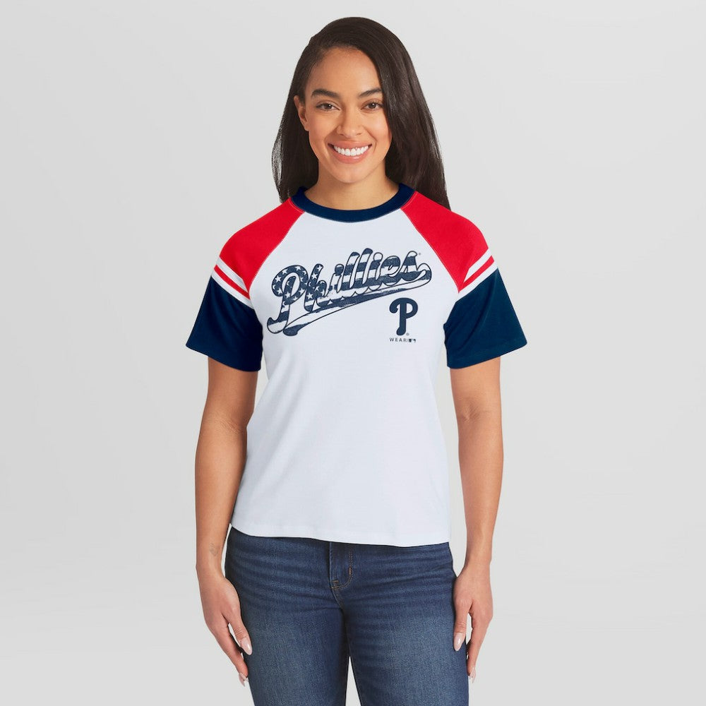 Philadelphia Phillies WEAR by Erin Andrews Women's Striped Raglan T-Shirt - White