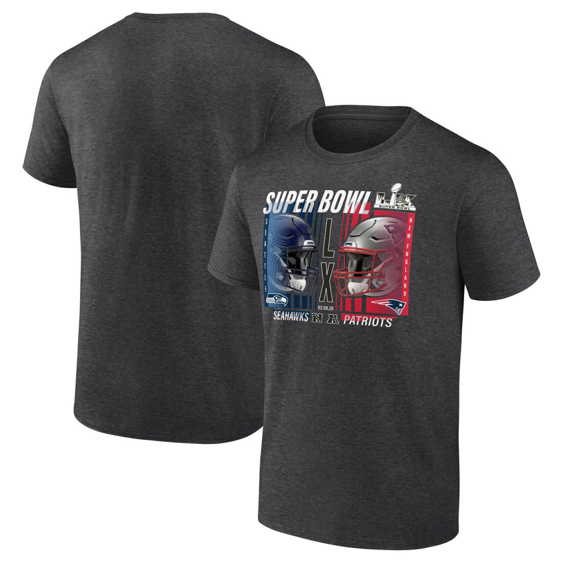 New England Patriots vs. Seattle Seahawks Super Bowl LX Big & Tall Final Battle Dueling T-Shirt - Heather Charcoal cheap