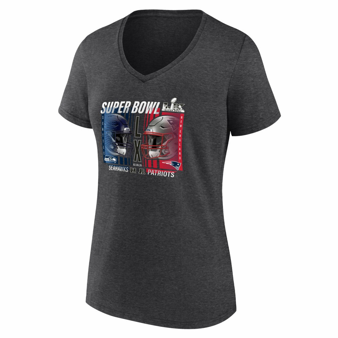 New England Patriots vs. Seattle Seahawks Women's Super Bowl LX Matchup Plus Size Final Battle V-Neck T-Shirt - Heather Charcoal outlet