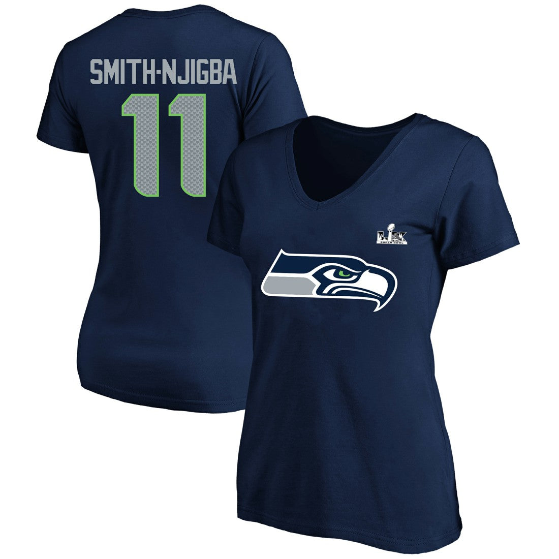 Jaxon Smith-Njigba Seattle Seahawks Women's Super Bowl LX Patch Plus Size Name & Number V-Neck T-Shirt - College Navy outlet