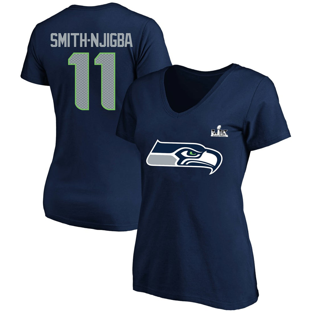 Jaxon Smith-Njigba Seattle Seahawks Women's Super Bowl LX Patch Plus Size Name & Number V-Neck T-Shirt - College Navy outlet