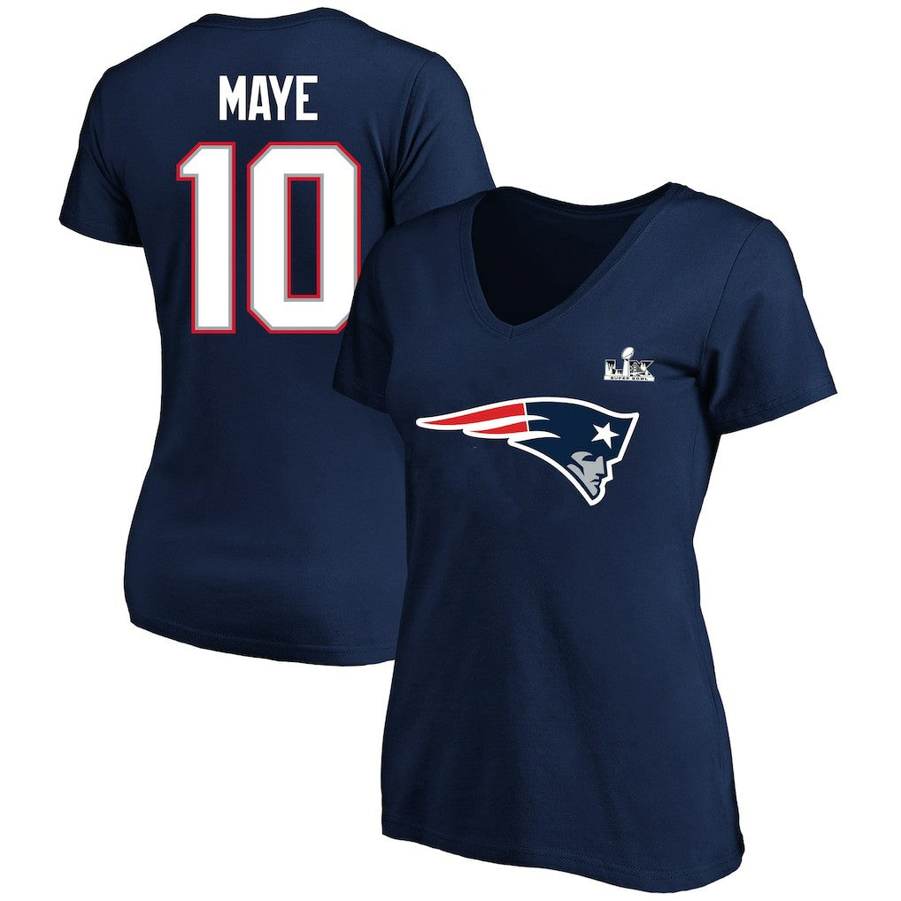 Drake Maye New England Patriots Women's Super Bowl LX Patch Plus Size Name & Number V-Neck T-Shirt - Navy cheap