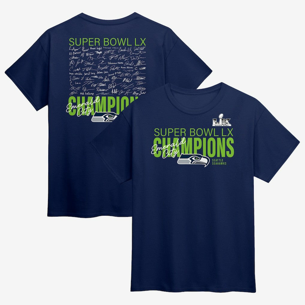 Seattle Seahawks Super Bowl LX Champions Big & Tall Autograph Signing Roster T-Shirt - College Navy cheap