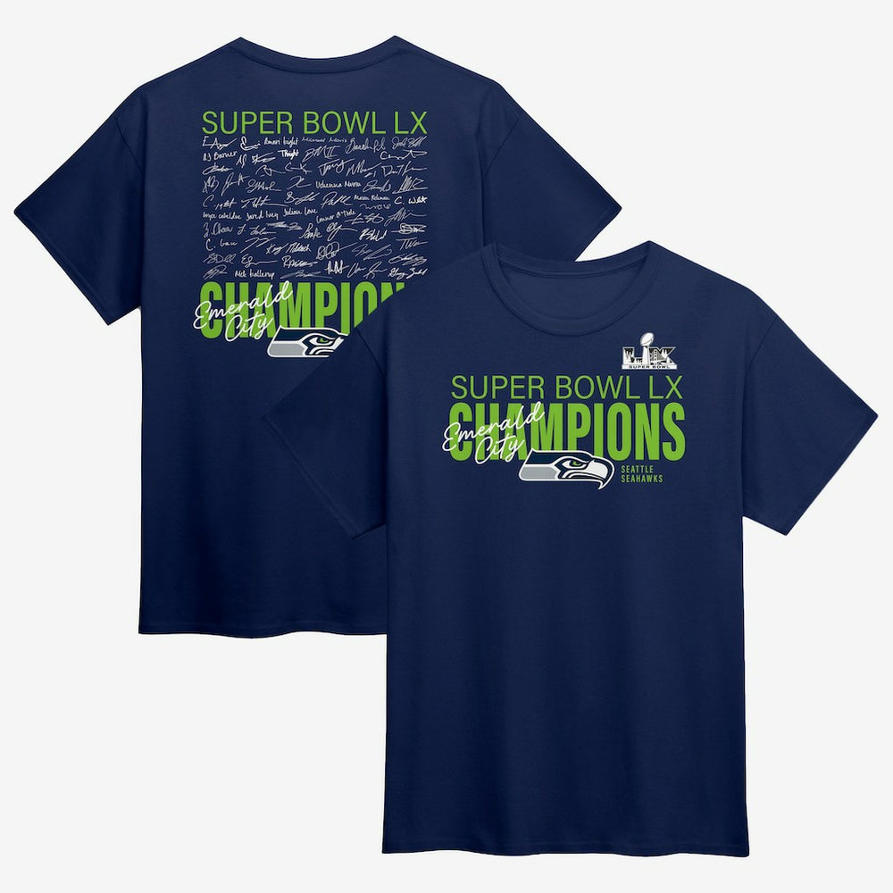 Seattle Seahawks Super Bowl LX Champions Big & Tall Autograph Signing Roster T-Shirt - College Navy cheap
