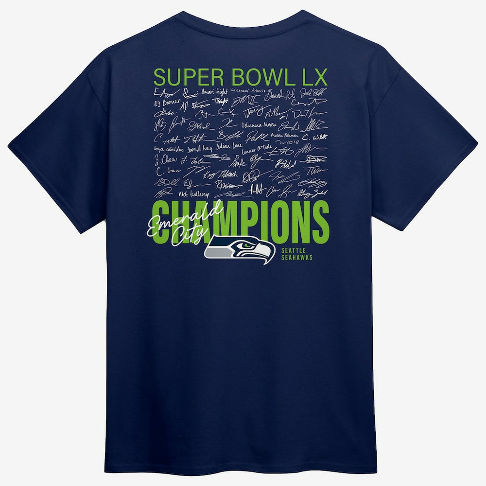 Seattle Seahawks Super Bowl LX Champions Big & Tall Autograph Signing Roster T-Shirt - College Navy cheap