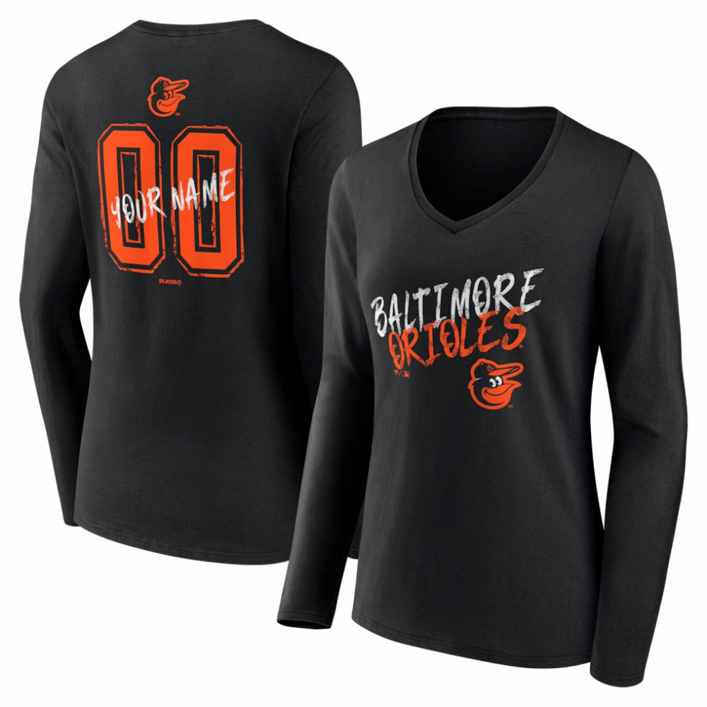 Baltimore Orioles Women's Hustle Personalized Name & Number Long Sleeve V-Neck T-Shirt - Black