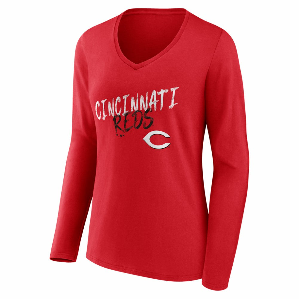 Cincinnati Reds Women's Hustle Personalized Name & Number Long Sleeve V-Neck T-Shirt - Red
