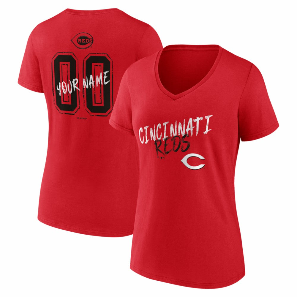 Cincinnati Reds Women's Hustle Personalized Name & Number V-Neck T-Shirt - Red