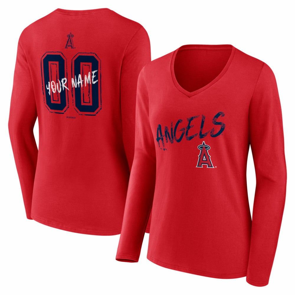 Los Angeles Angels Women's Hustle Personalized Name & Number Long Sleeve V-Neck T-Shirt - Red