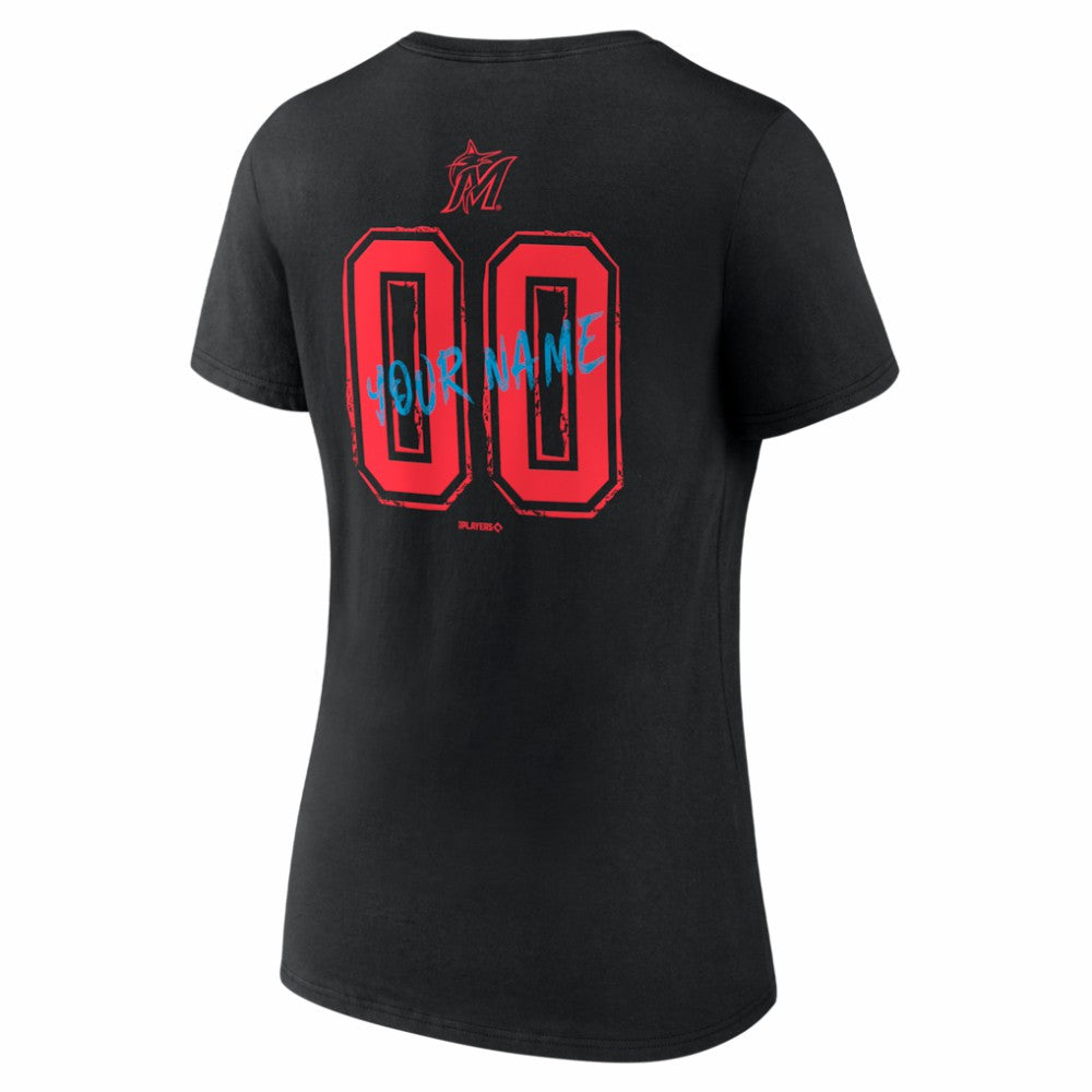 Miami Marlins Women's Hustle Personalized Name & Number V-Neck T-Shirt - Black