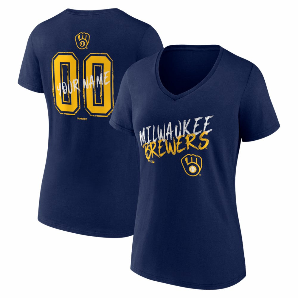 Milwaukee Brewers Women's Hustle Personalized Name & Number V-Neck T-Shirt - Navy