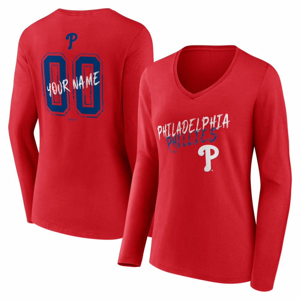 Philadelphia Phillies Women's Hustle Personalized Name & Number Long Sleeve V-Neck T-Shirt - Red