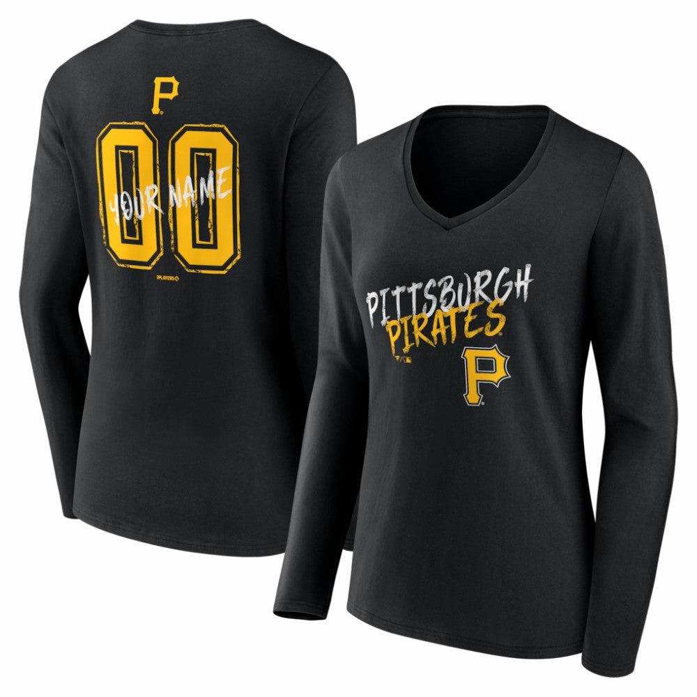 Pittsburgh Pirates Women's Hustle Personalized Name & Number Long Sleeve V-Neck T-Shirt - Black