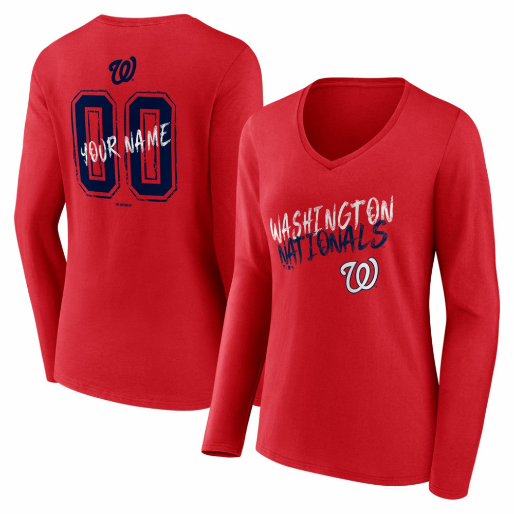 Washington Nationals Women's Hustle Personalized Name & Number Long Sleeve V-Neck T-Shirt - Red