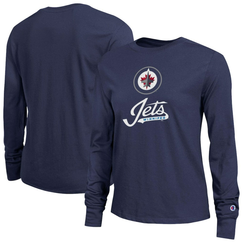 Winnipeg Jets Champion Women's Wordmark Lockup Long Sleeve T-Shirt Navy