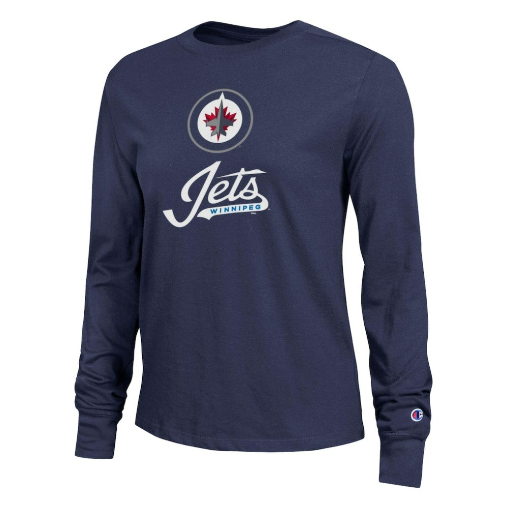 Winnipeg Jets Champion Women's Wordmark Lockup Long Sleeve T-Shirt Navy