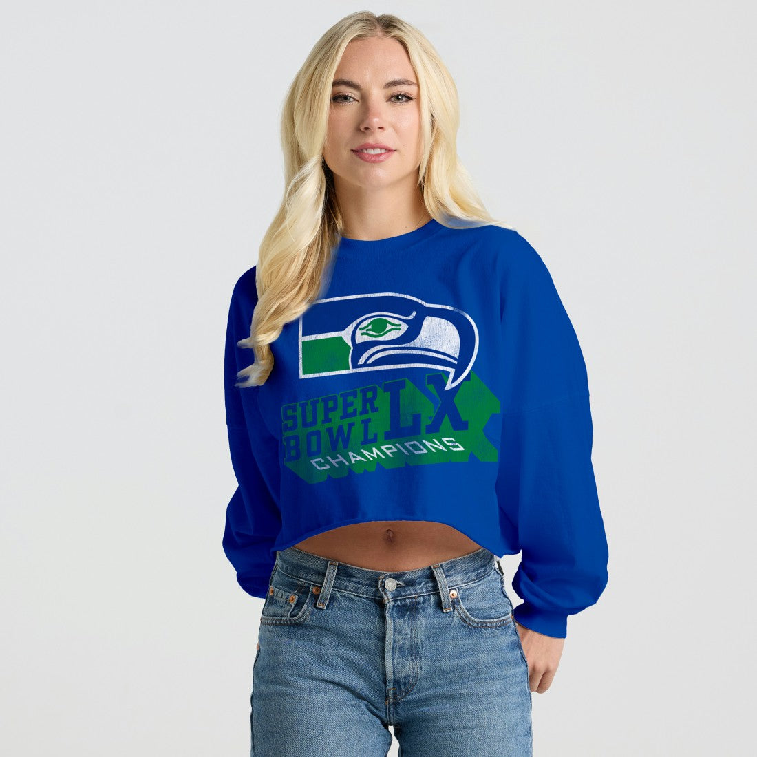 Seattle Seahawks Spirit Jersey Women's Super Bowl LX Champions Retro Cropped Long Sleeve T-Shirt - Royal discount