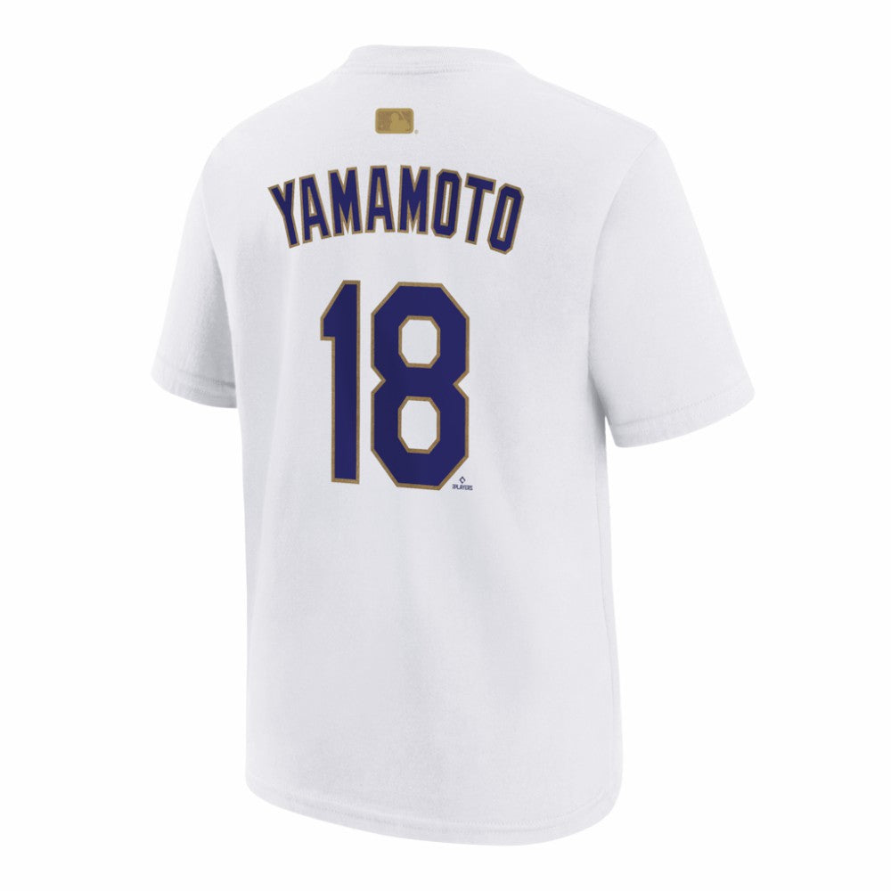 Yoshinobu Yamamoto Los Angeles Dodgers Youth 2026 Gold Collection Name & Number T-Shirt - White | Nike