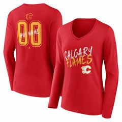 Calgary Flames Women's Hustle Personalized Name & Number Long Sleeve V-Neck T-Shirt Red