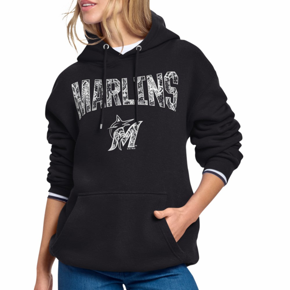 Miami Marlins Starter Women's Lace Team Lockup Fleece Hoodie - Black