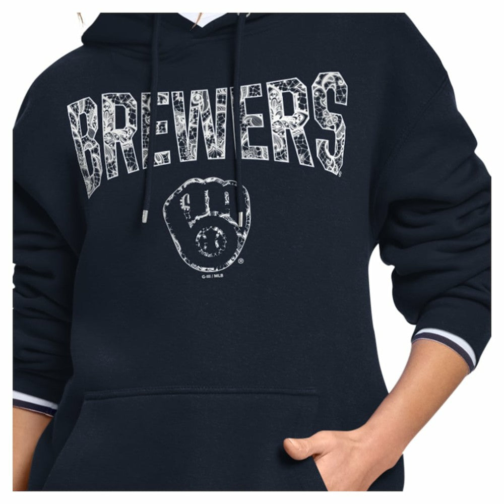Milwaukee Brewers Starter Women's Lace Team Lockup Fleece Hoodie - Navy