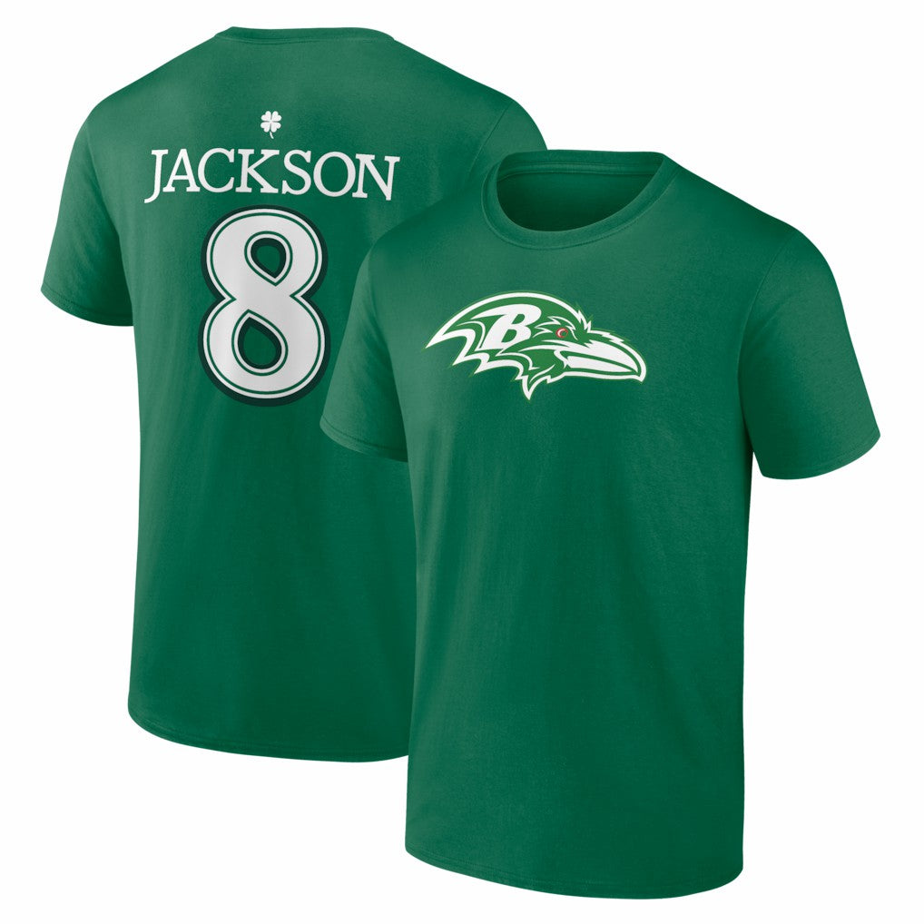 Lamar Jackson Baltimore Ravens St. Patrick's Day Icon Name & Number T-Shirt - Green online