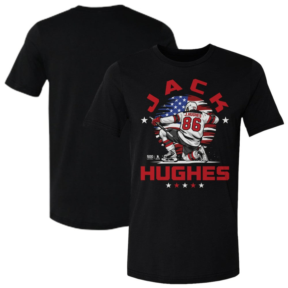 Jack Hughes US Men's Hockey 500 Level Flag T-Shirt Black