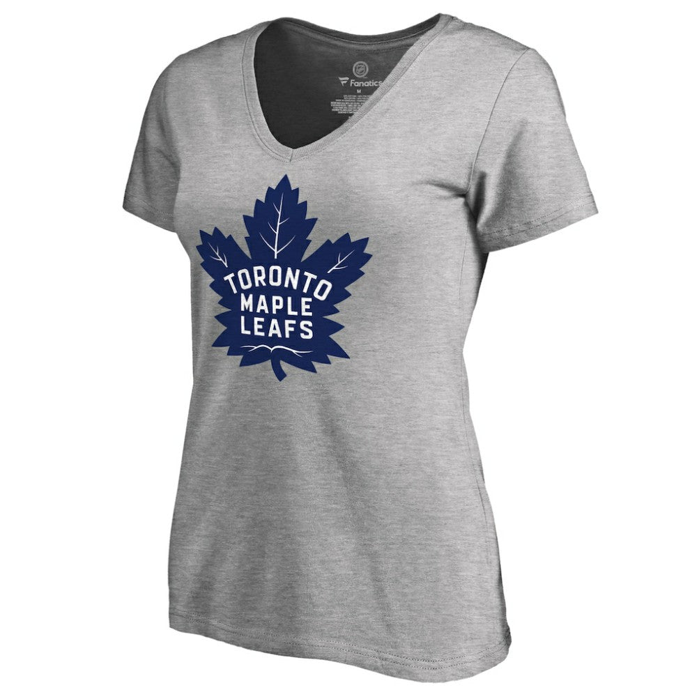 Toronto Maple Leafs Women's New Primary Logo V-Neck T-Shirt Heather Gray
