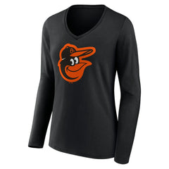 Baltimore Orioles Women's Team Color Primary Logo V-Neck Long Sleeve T-Shirt - Black