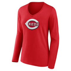 Cincinnati Reds Women's Team Color Primary Logo V-Neck Long Sleeve T-Shirt - Red