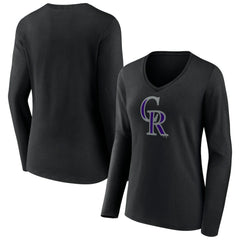 Colorado Rockies Women's Team Color Primary Logo V-Neck Long Sleeve T-Shirt - Black