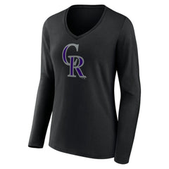 Colorado Rockies Women's Team Color Primary Logo V-Neck Long Sleeve T-Shirt - Black