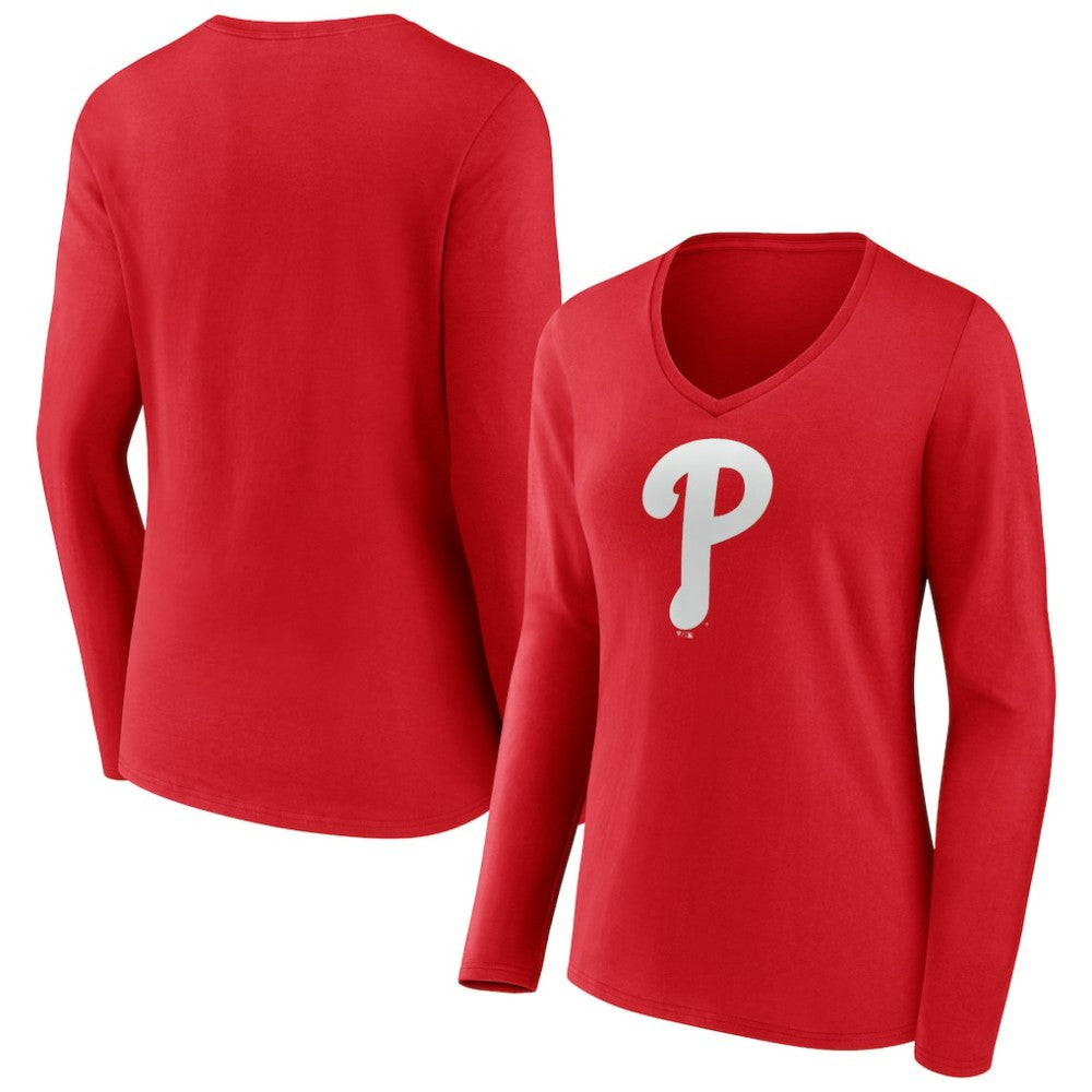 Philadelphia Phillies Women's Team Color Primary Logo V-Neck Long Sleeve T-Shirt - Red