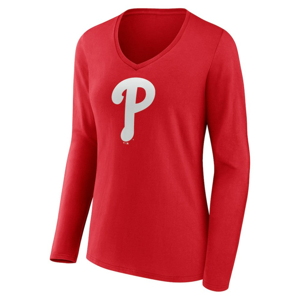 Philadelphia Phillies Women's Team Color Primary Logo V-Neck Long Sleeve T-Shirt - Red